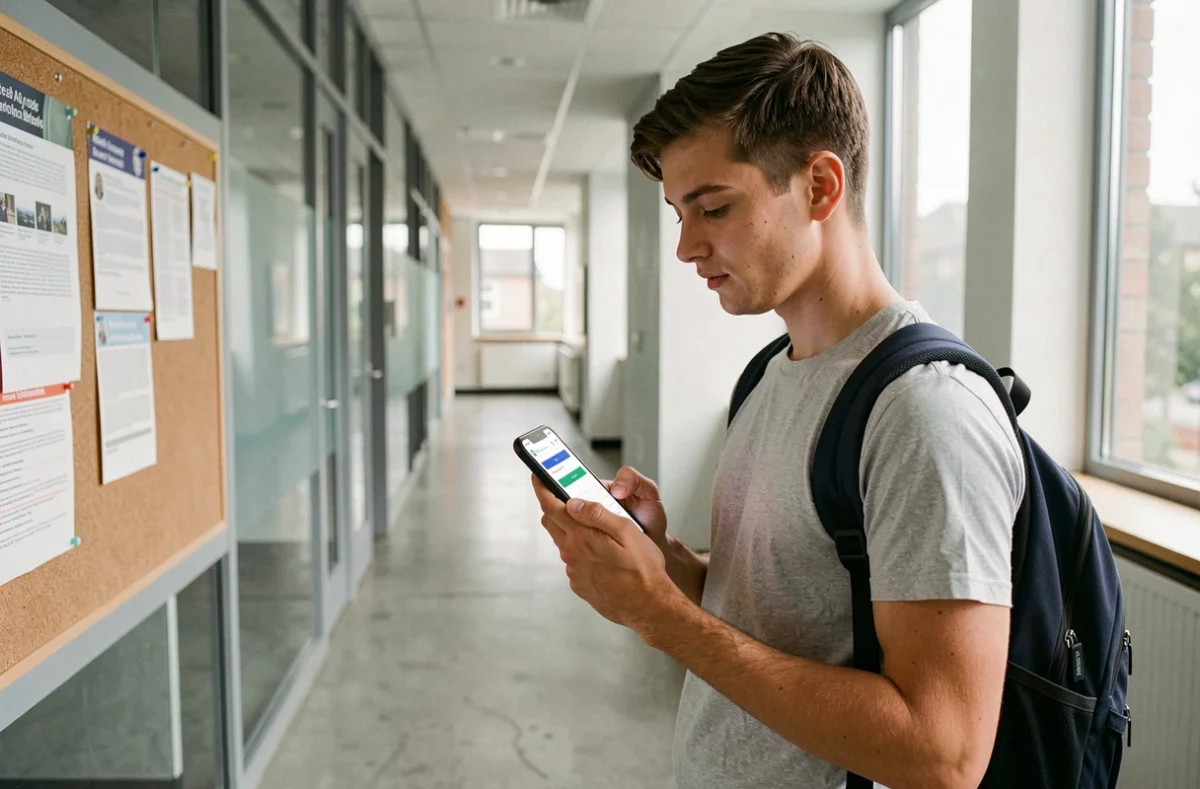 Étudiant consultant le portail intranet de Lyon 3 sur son smartphone dans un couloir universitaire moderne