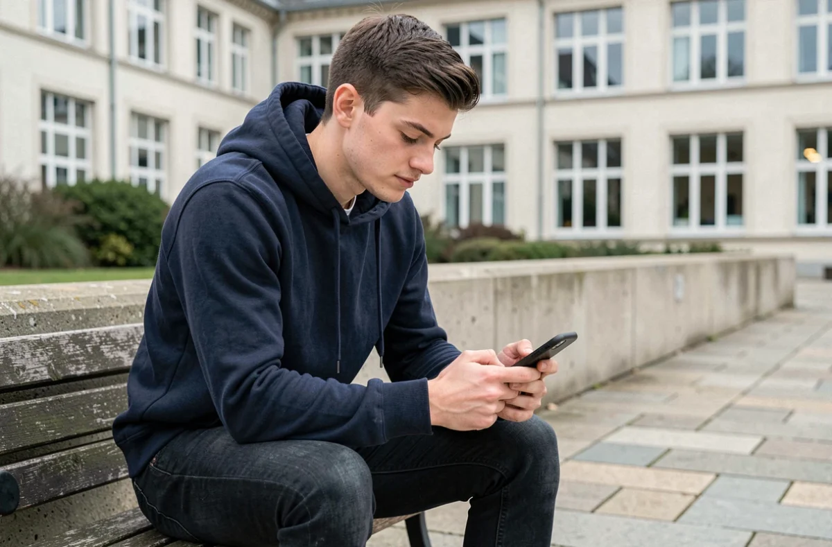 Étudiant consultant ses résultats académiques sur smartphone dans une cour de campus universitaire