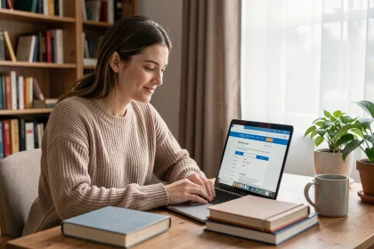 Étudiante consultant ses résultats d'examens sur un portail universitaire depuis son bureau à domicile