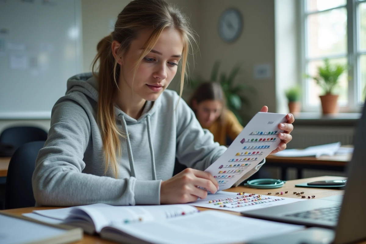 Étudiante en électronique consultant un tableau de code couleur de résistance à côté de résistances posées sur un bureau universitaire