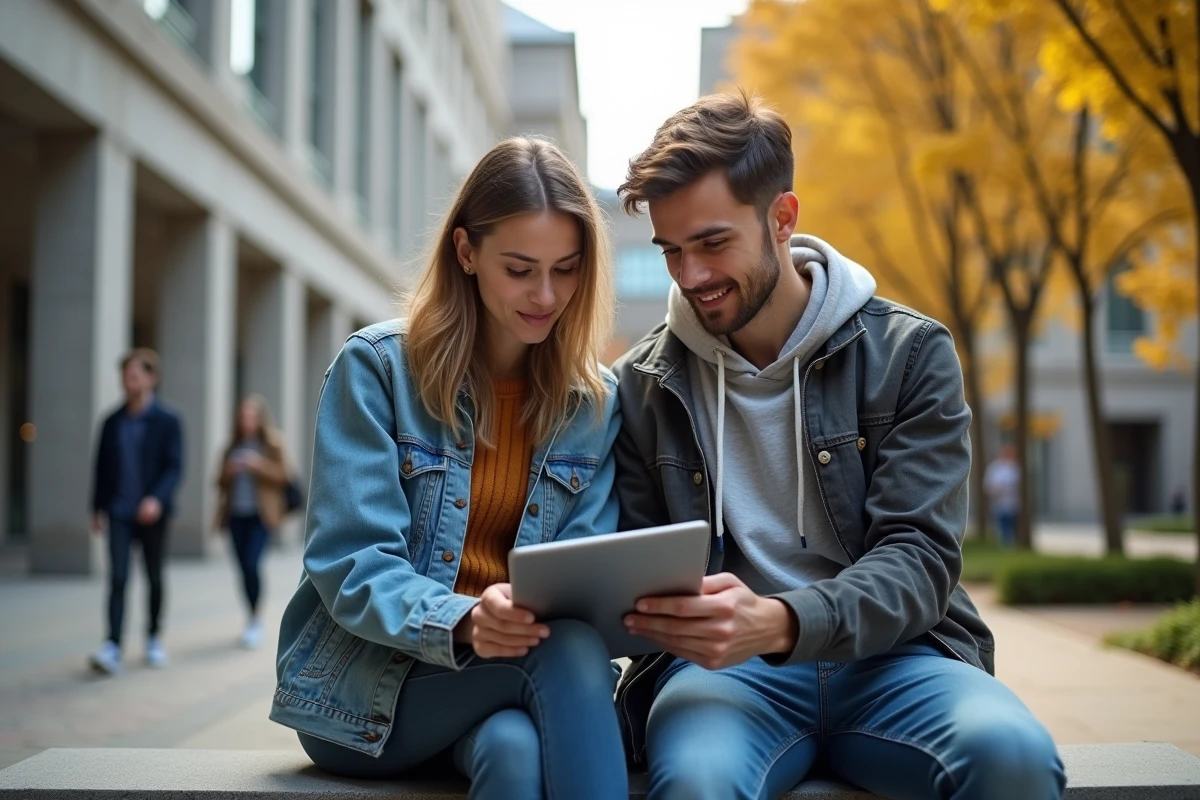 Deux étudiants consultant ensemble le portail intranet LEO UGA sur une tablette numérique dans la cour du campus universitaire