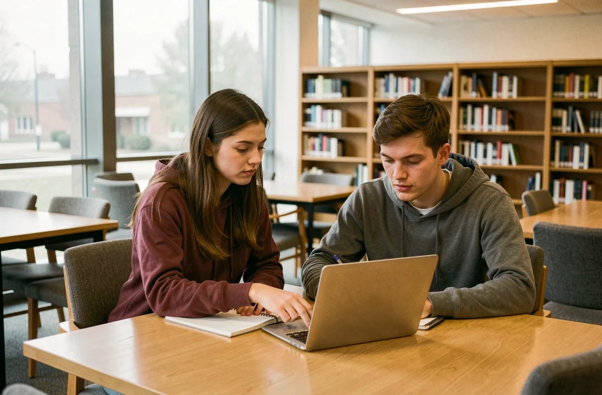 Deux étudiants consultant ensemble des résultats d'examens sur un ordinateur portable dans une bibliothèque universitaire