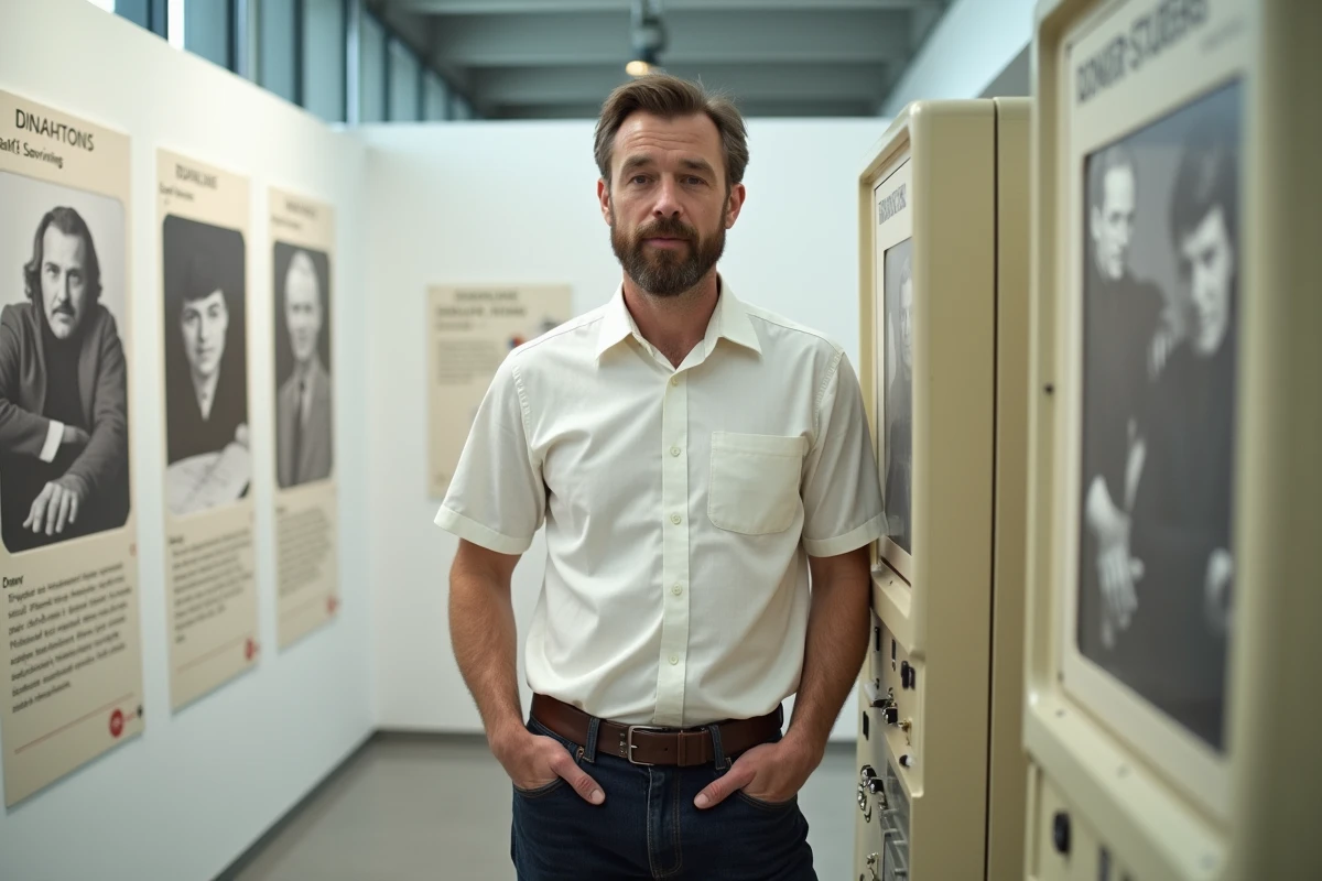 Homme devant un ordinateur mainframe vintage dans une exposition sur l'histoire de l'informatique et l'étymologie du mot hacker