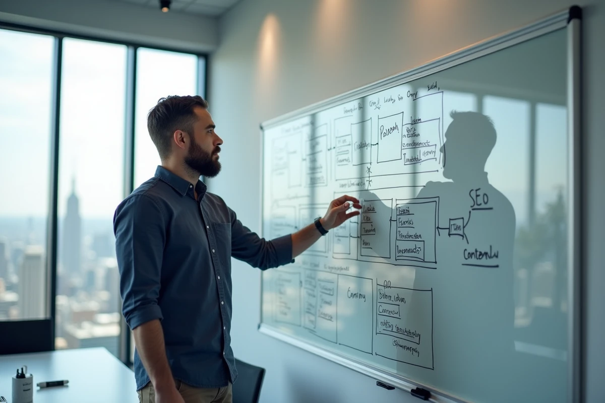 Expert en SEO expliquant une architecture de site web et une stratégie de contenu sur un tableau blanc en réunion