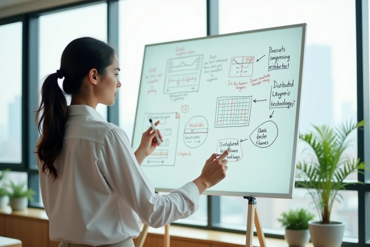 Femme experte en technologie expliquant les alternatives à la blockchain sur un tableau blanc dans une salle de réunion startup