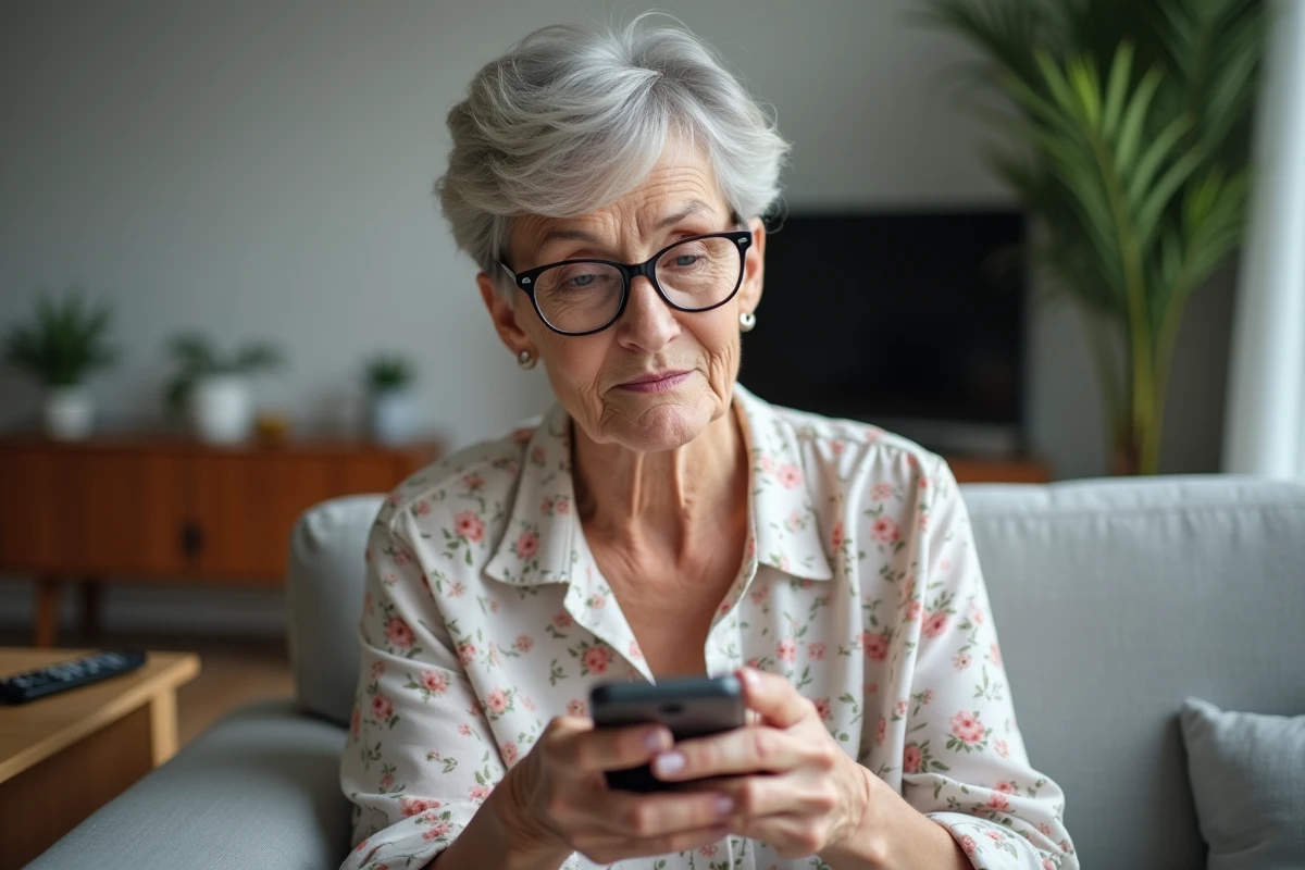 Femme d'âge mûr consultant l'aide en ligne Alice ADSL sur un smartphone dans son salon