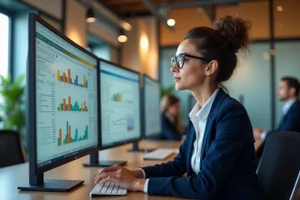 Femme professionnelle analysant des tableaux croisés dynamiques et Power Pivot dans Excel sur un grand écran de bureau en open space