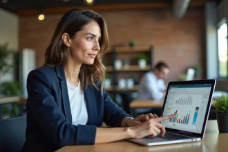 Une femme professionnelle analysant des données de publicités en ligne sur un ordinateur portable dans un bureau moderne