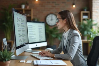 Femme professionnelle analysant des résultats de référencement Google sur un ordinateur dans un bureau moderne