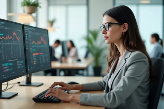 Femme analyste de données comparant SQL et Excel sur deux écrans dans un bureau moderne