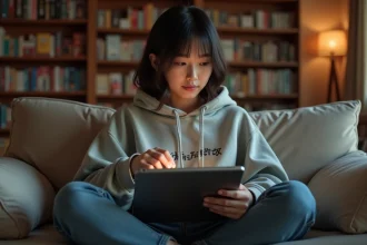 Jeune femme consultant les sorties animés 2026 sur une tablette dans un salon décoré de mangas
