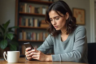 Femme consultant l'application bancaire sur son smartphone pour retrouver son mot de passe 3D Secure