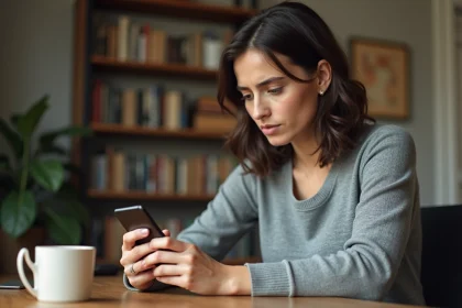 Femme consultant l'application bancaire sur son smartphone pour retrouver son mot de passe 3D Secure