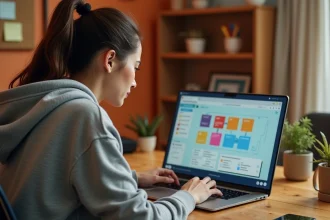 Femme apprenant le no-code gratuitement sur son ordinateur portable dans un bureau à domicile