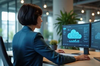 Femme professionnelle analysant une architecture cloud sur des écrans dans un bureau moderne