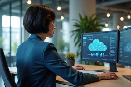 Femme professionnelle analysant une architecture cloud sur des écrans dans un bureau moderne
