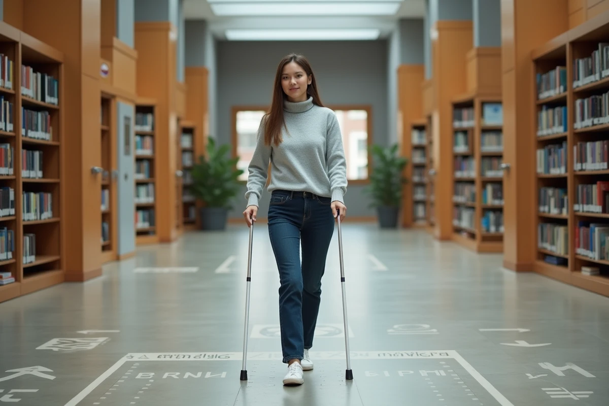 Jeune femme malvoyante utilisant une canne blanche sur un chemin podotactile dans une bibliothèque publique accessible