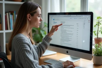 Femme consultant sa boîte mail sur un ordinateur de bureau pour bloquer des messages indésirables