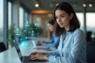 Une femme d'affaires interagissant avec un chatbot de service client sur un ordinateur portable dans un bureau moderne
