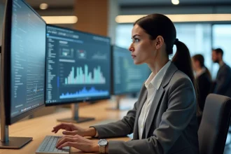 Femme professionnelle comparant différents logiciels sur un écran d'ordinateur dans un bureau moderne