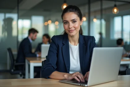 Femme professionnelle travaillant sur un ordinateur portable affichant une connexion HTTPS sécurisée dans un bureau moderne