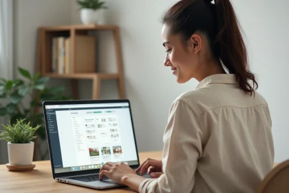 Femme créant une landing page gratuite sur son ordinateur portable dans un bureau à domicile moderne