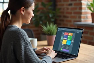 Femme utilisant une application de création de site web sur un ordinateur portable dans un bureau à domicile moderne