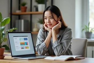 Femme analysant une plateforme de création de site web sur son ordinateur portable dans un bureau à domicile moderne