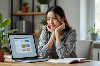 Femme analysant une plateforme de création de site web sur son ordinateur portable dans un bureau à domicile moderne