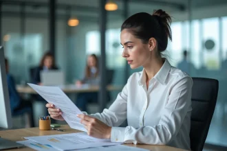 Femme consultant un document juridique RGPD dans un bureau moderne, illustrant la conformité légale en matière de collecte de données