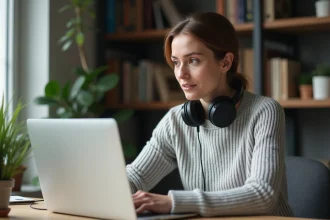 Femme écoutant une synthèse vocale sur son ordinateur portable avec un casque autour du cou dans un bureau moderne