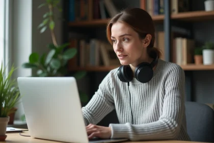 Femme écoutant une synthèse vocale sur son ordinateur portable avec un casque autour du cou dans un bureau moderne