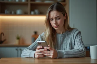 Jeune femme consultant son smartphone pour envoyer un SMS depuis sa cuisine, illustrant le coût des messages texte