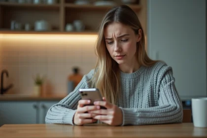 Jeune femme consultant son smartphone pour envoyer un SMS depuis sa cuisine, illustrant le coût des messages texte