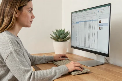 Femme utilisant Excel sur un grand écran d'ordinateur dans un bureau moderne, soustraire des cellules non adjacentes avec la souris