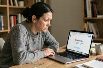 Femme frustrée devant un écran d'erreur de connexion sur Sharecloudy avec message d'avertissement rouge