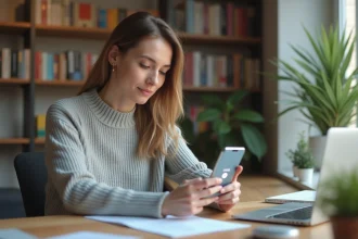 Femme utilisant Google Voice sur smartphone depuis son bureau à domicile pour passer des appels avec un numéro américain