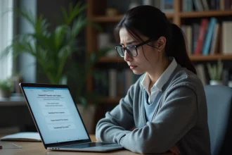 Femme inquiète regardant son ordinateur portable affichant des alertes de logiciel malveillant dans un bureau à domicile