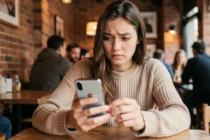 Jeune femme consultant Instagram sur son smartphone dans un café, tentant d'accéder à un compte privé