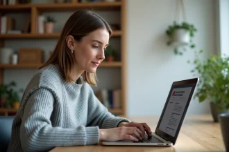 Femme utilisant un lecteur de flux RSS sur un ordinateur portable dans un bureau à domicile moderne