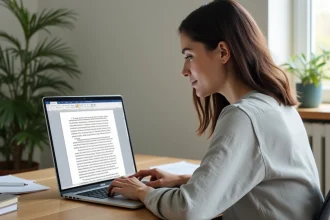 Femme utilisant un logiciel de traitement de texte sur un ordinateur portable dans un bureau à domicile moderne