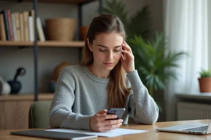 Femme consultant sa messagerie sur smartphone dans un bureau à domicile moderne