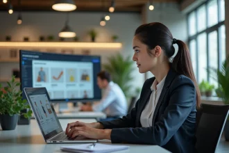Femme utilisant une plateforme numérique de marketplace sur ordinateur portable dans un bureau moderne