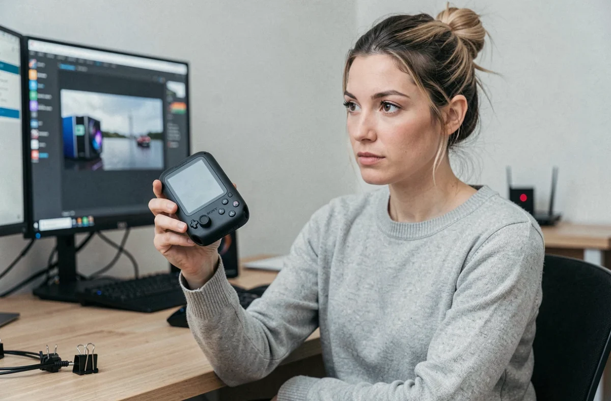 Femme utilisant une PlayStation Portal à son bureau à domicile avec un réseau optimisé pour le cloud gaming et la réduction de l'input lag