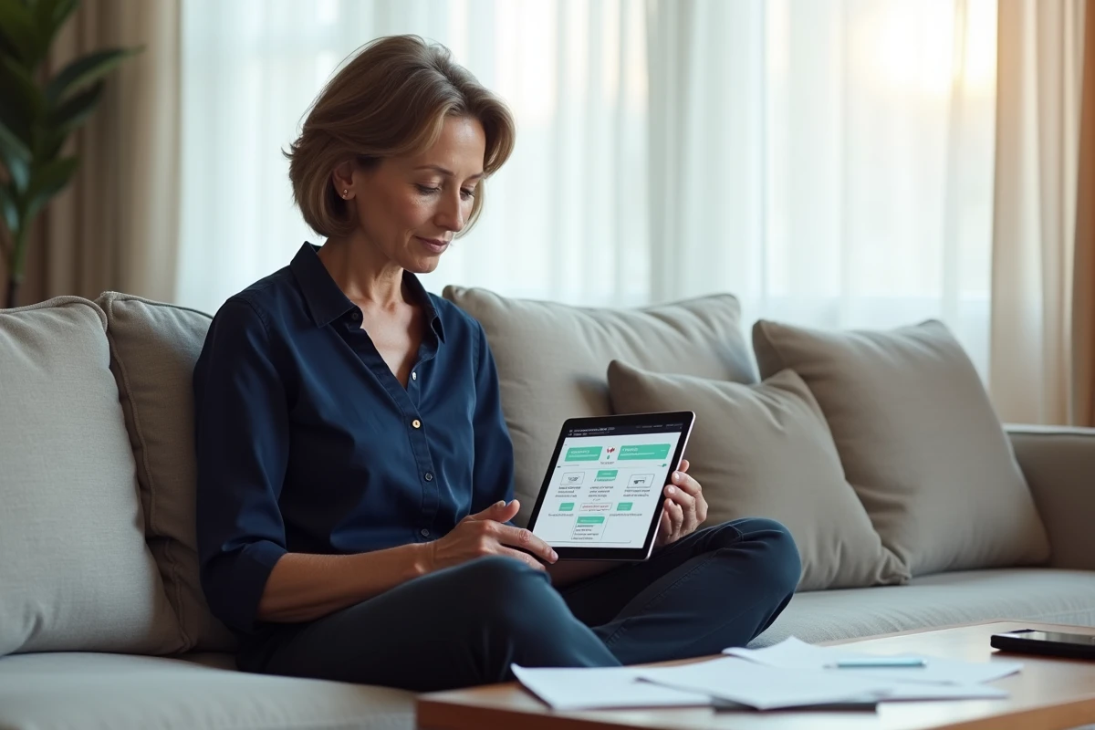 Femme d'une quarantaine d'années apprenant le no-code sur une tablette depuis son salon