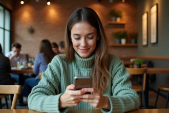 Jeune femme consultant différents réseaux sociaux sur son smartphone dans un café urbain, illustrant le choix des plateformes sociales selon les cibles en 2026