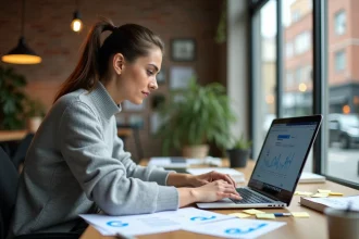 Femme travaillant sur une stratégie SEO devant un ordinateur portable affichant des résultats de recherche et des analyses de mots-clés