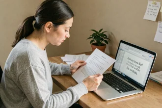 Femme travaillant sur Word avec du texte inversé affiché sur un écran d'ordinateur portable, vue en plan rapproché sur un bureau en bois