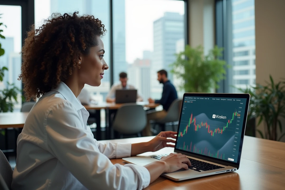 Femme utilisant les fonctionnalités IA de Kraken pour le trading de cryptomonnaies