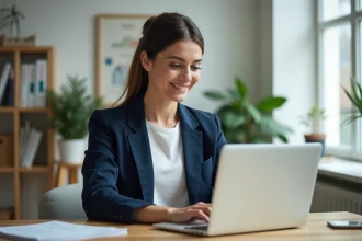 Une femme professionnelle travaillant sur une stratégie SEO devant un ordinateur portable avec un tableau de bord d'analyse Google visible à l'écran